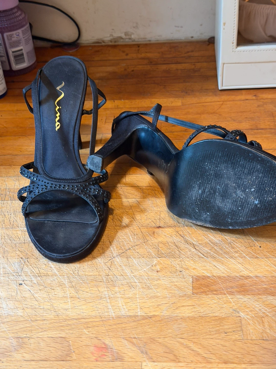 Nina Black Heeled Sandals with Rhinestones
