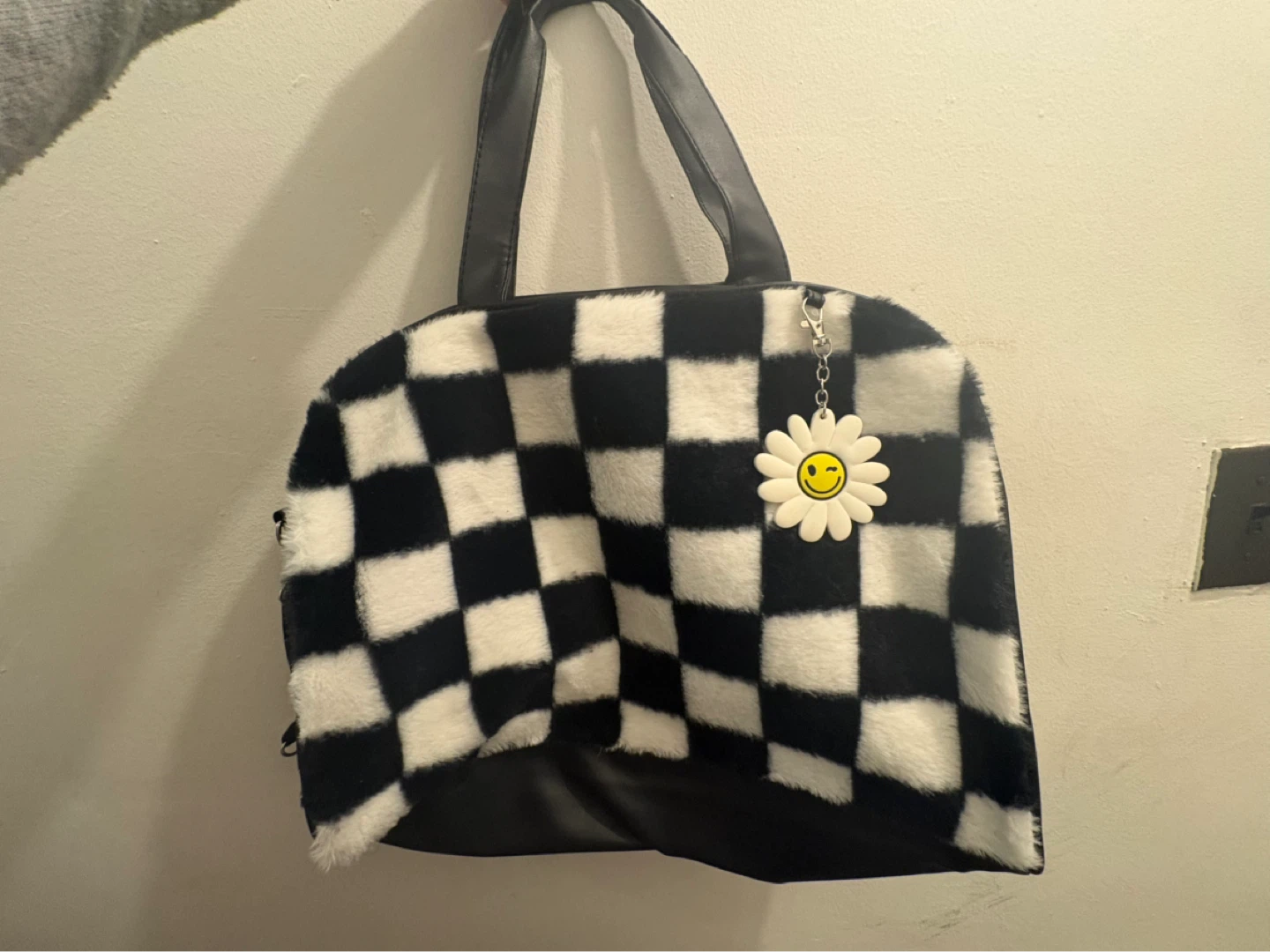Checkerboard fuzzy tote bag