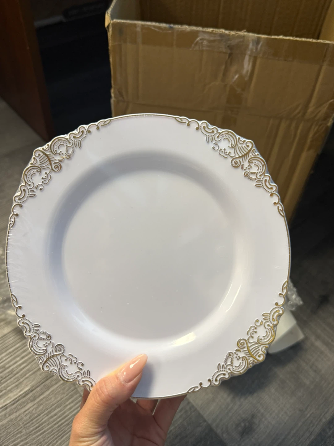 White Disposable Plates with Gold Trim