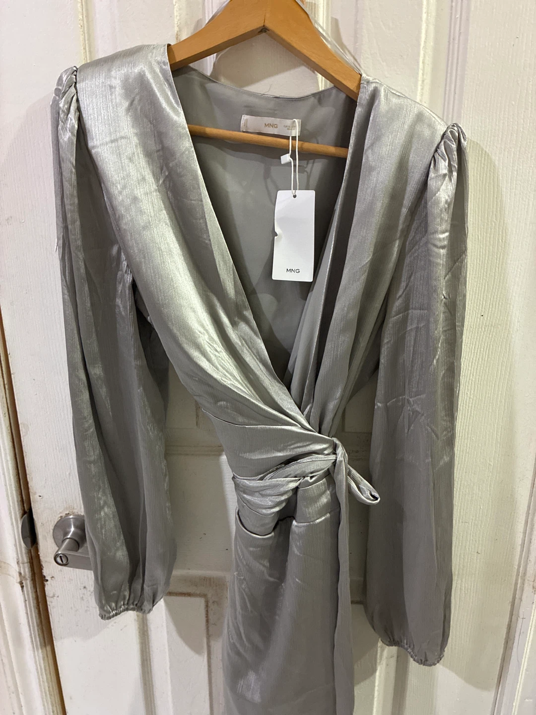 MNG Silver Metallic Wrap Dress with Tie Waist