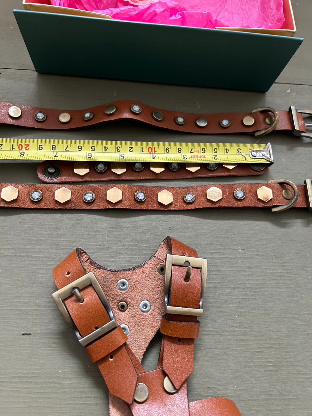 Brown Leather Dog Collars with Studs (Set of 2) - photo 3