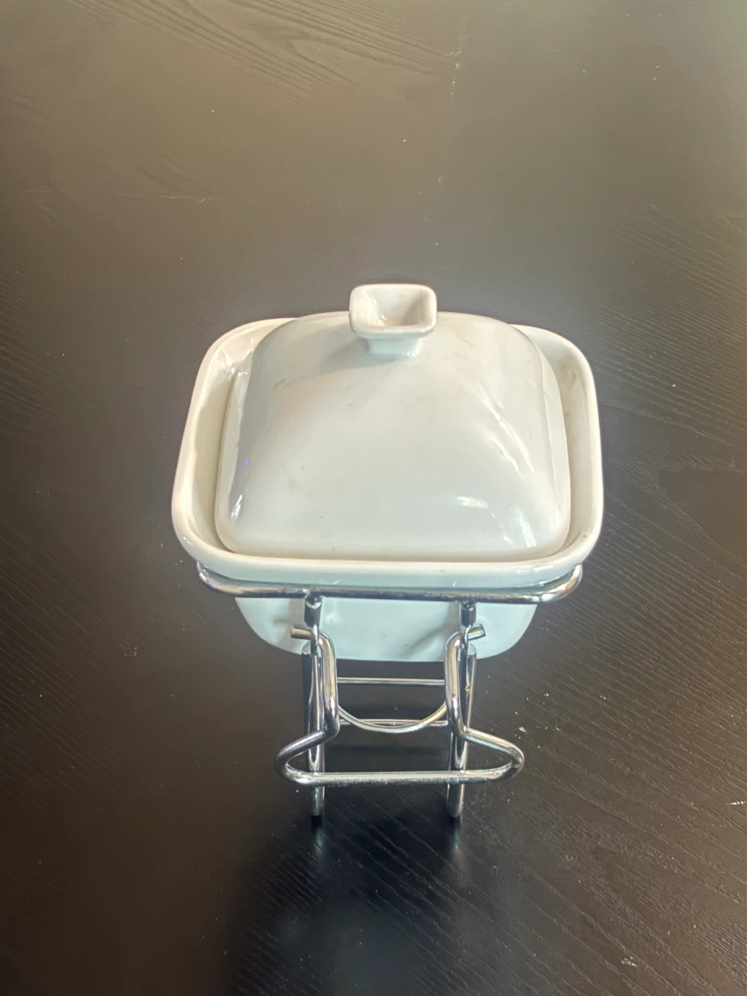 New White Ceramic Square Fondue Pot with Metal Stand