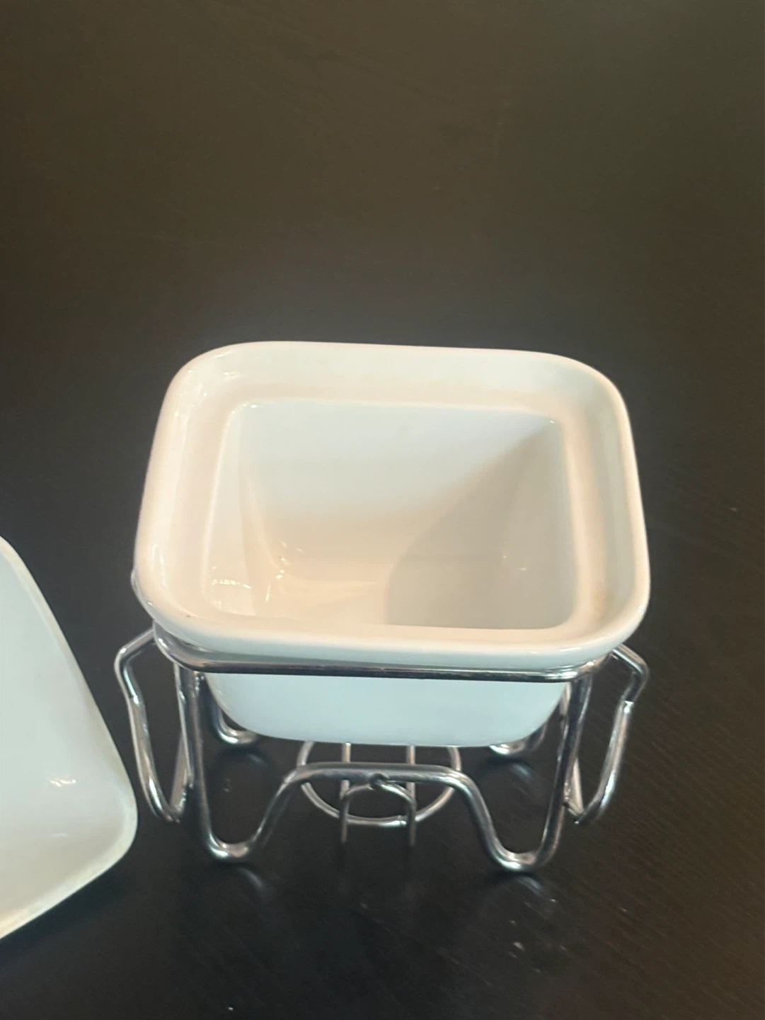 New White Ceramic Square Fondue Pot with Metal Stand - photo 3
