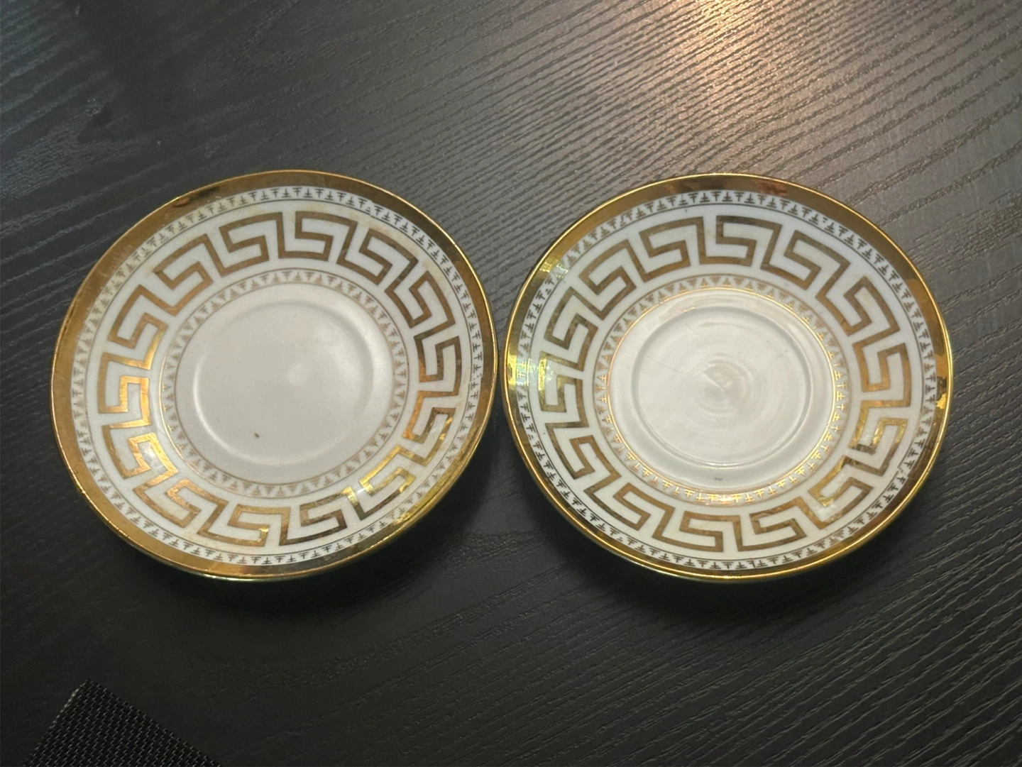 Set of 2 Saucers with Gold Greek Key Pattern