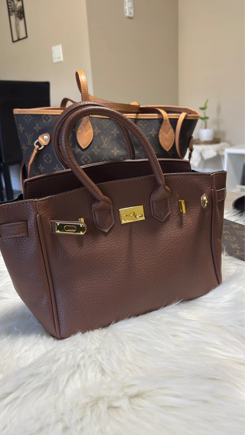 Brown Faux Leather Top Handle Bag