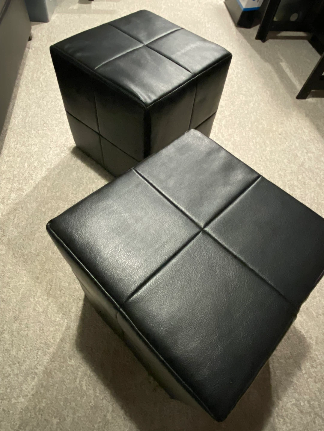 2 Black Faux Leather Cube Ottomans