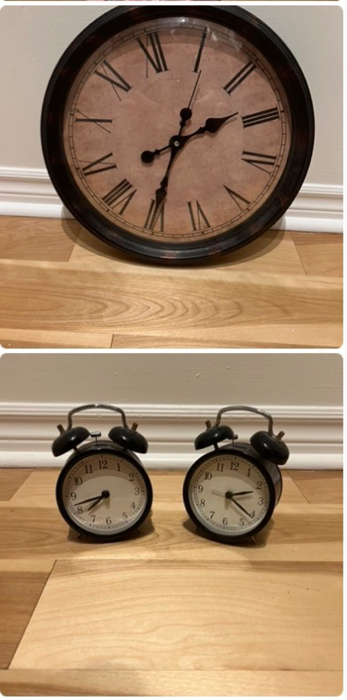 Wall Clock and Two Alarm Clocks