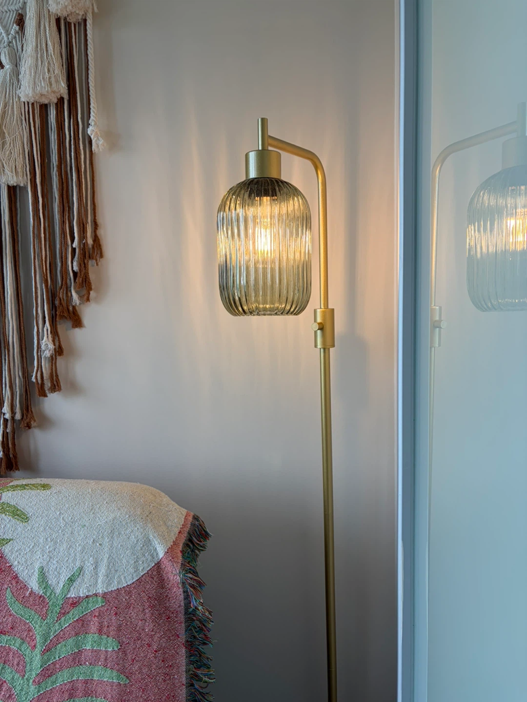 MOVING OUT SALE‼️ Modern Gold Floor Lamp with Ribbed Glass Shade