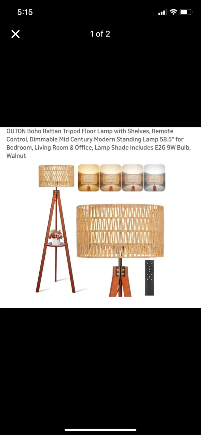 OUTON Boho Rattan Tripod Floor Lamp with Shelves, Remote Control