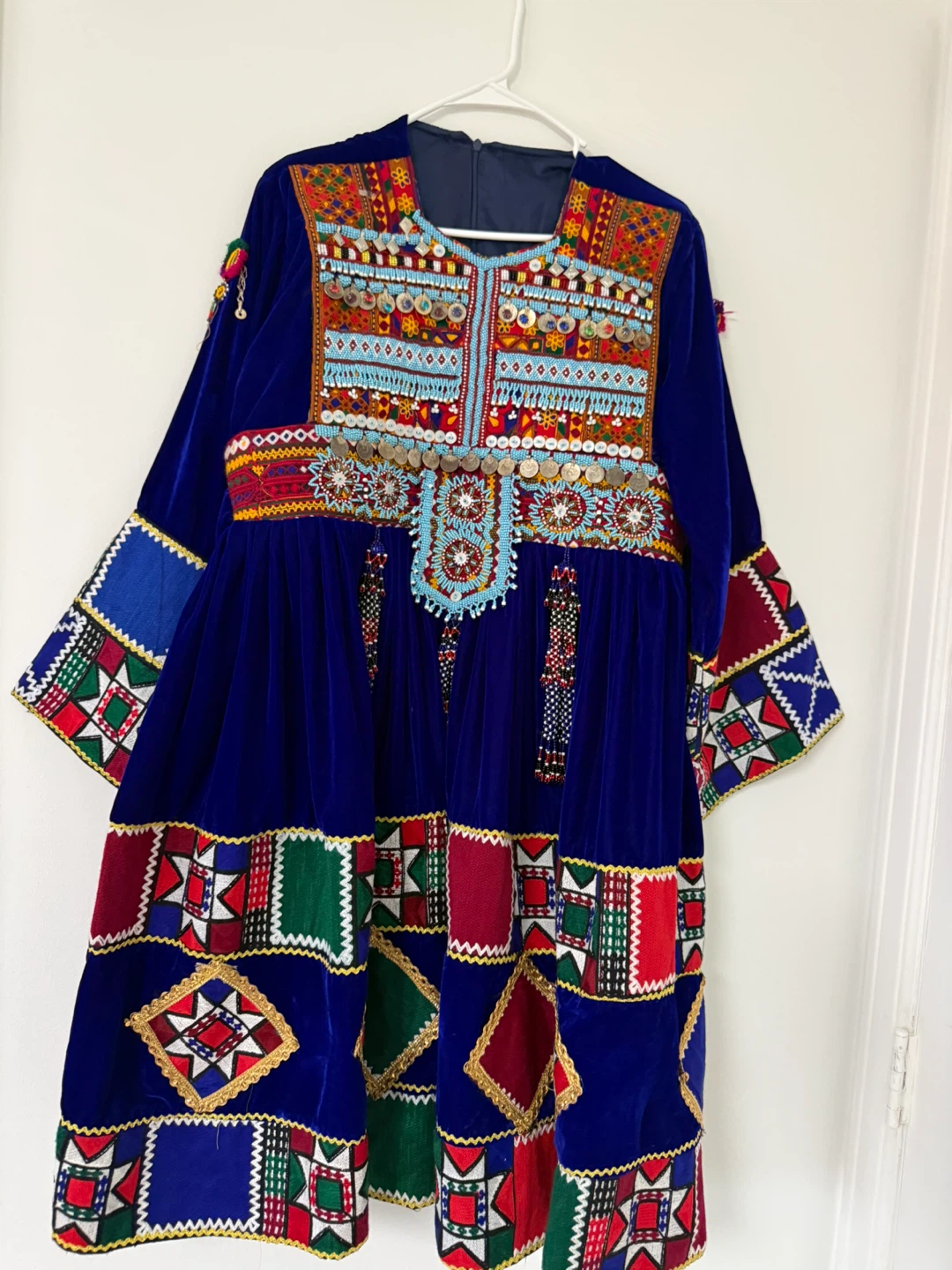 Embroidered Blue Velvet Afghan Dress with Red Pants