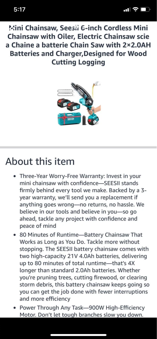 SeeSii 6-inch Cordless Mini Chainsaw Kit