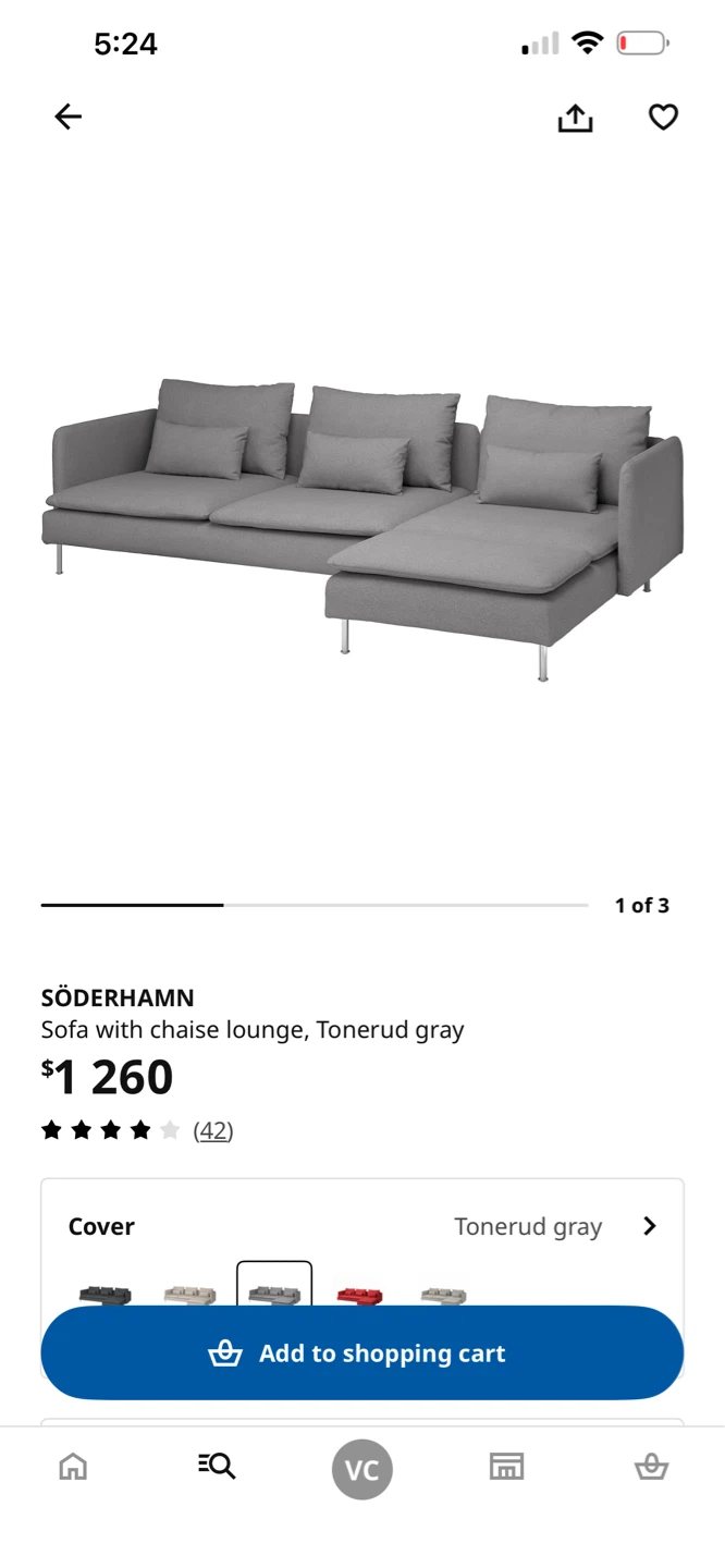 IKEA SÖDERHAMN Sofa with Chaise Lounge - Tonerud Gray
