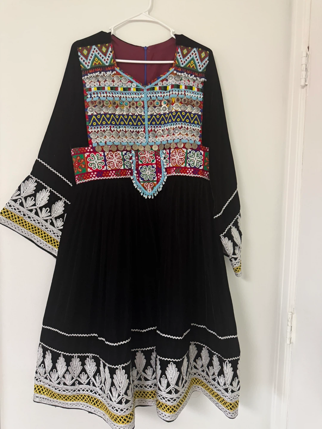 Black Velvet Afghan Dress with Pink Scarf