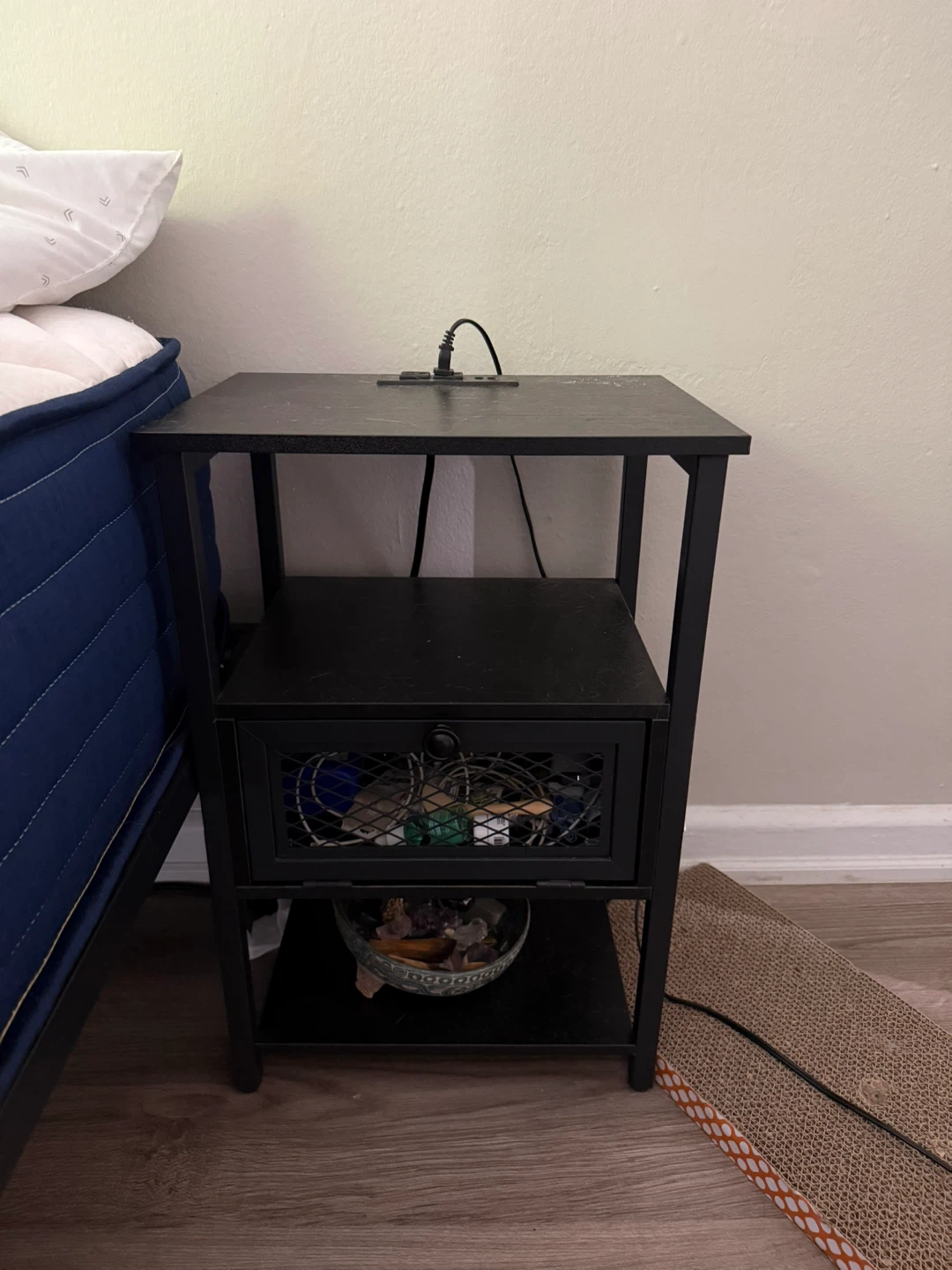 Pair of Black Nightstand with Drawer and Built-in Power Strip