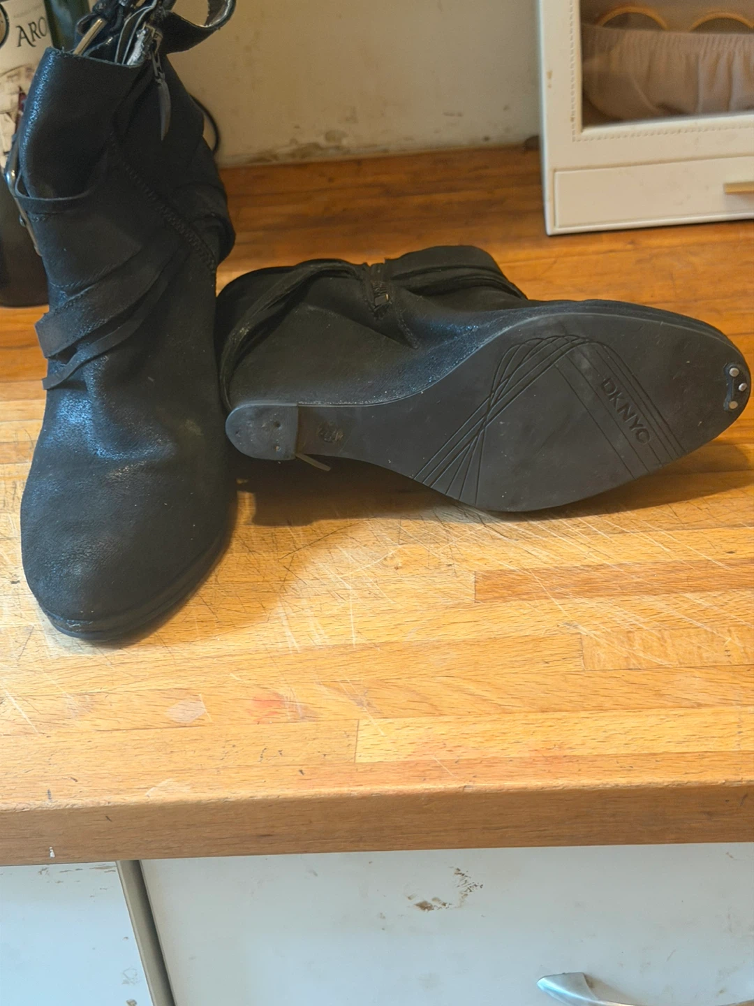 DKNY Black Suede Wedge Ankle Boots