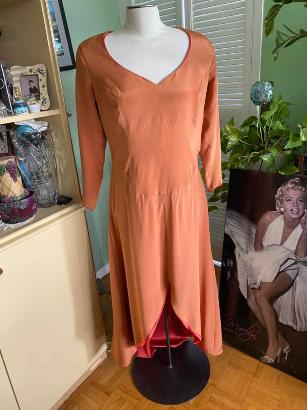 Vintage Robert Berry Orange Satin V-Neck Dress