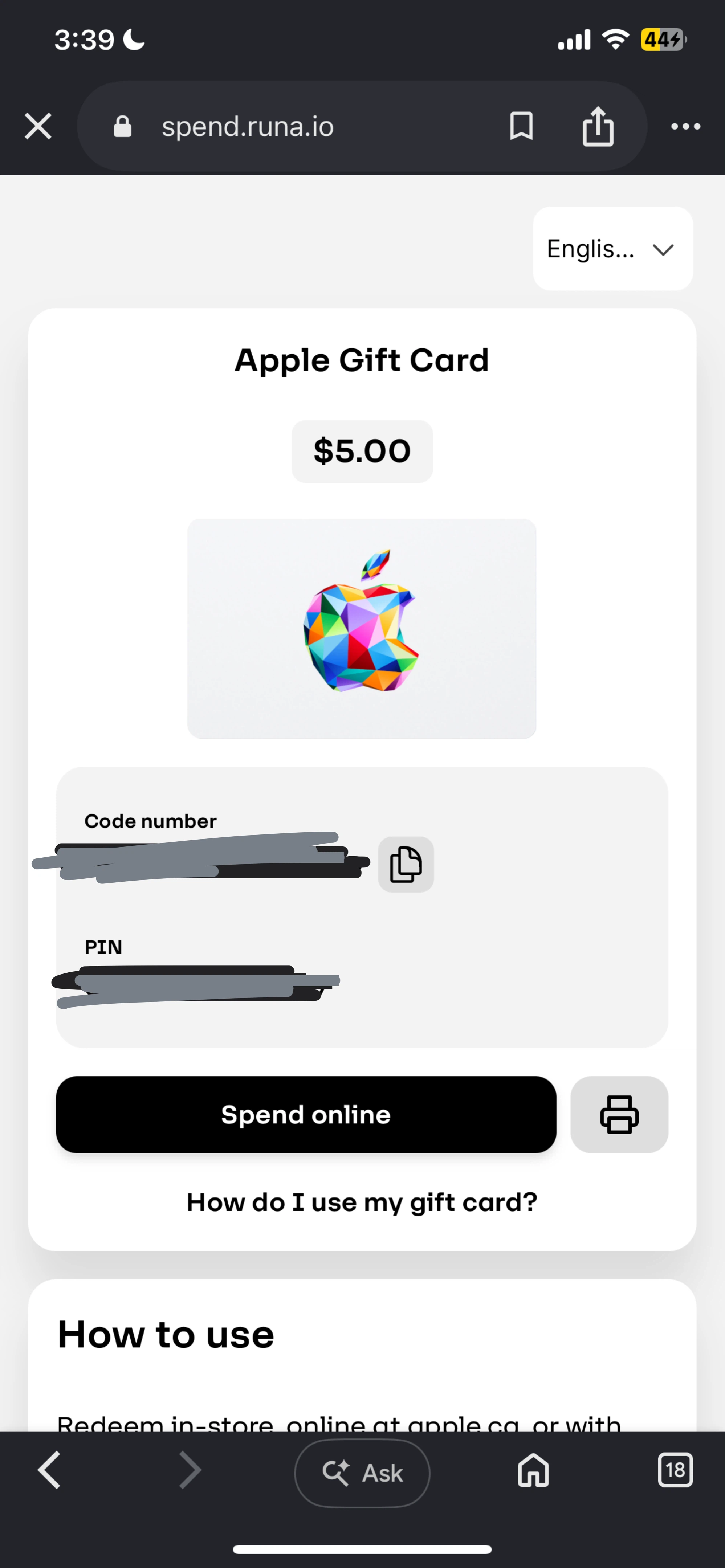 $5.00 Apple Gift Card