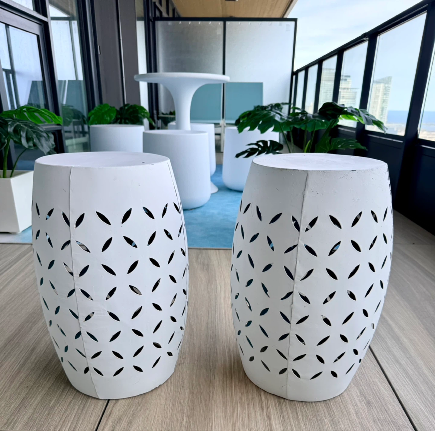 Pair of white metal side tables / garden stools