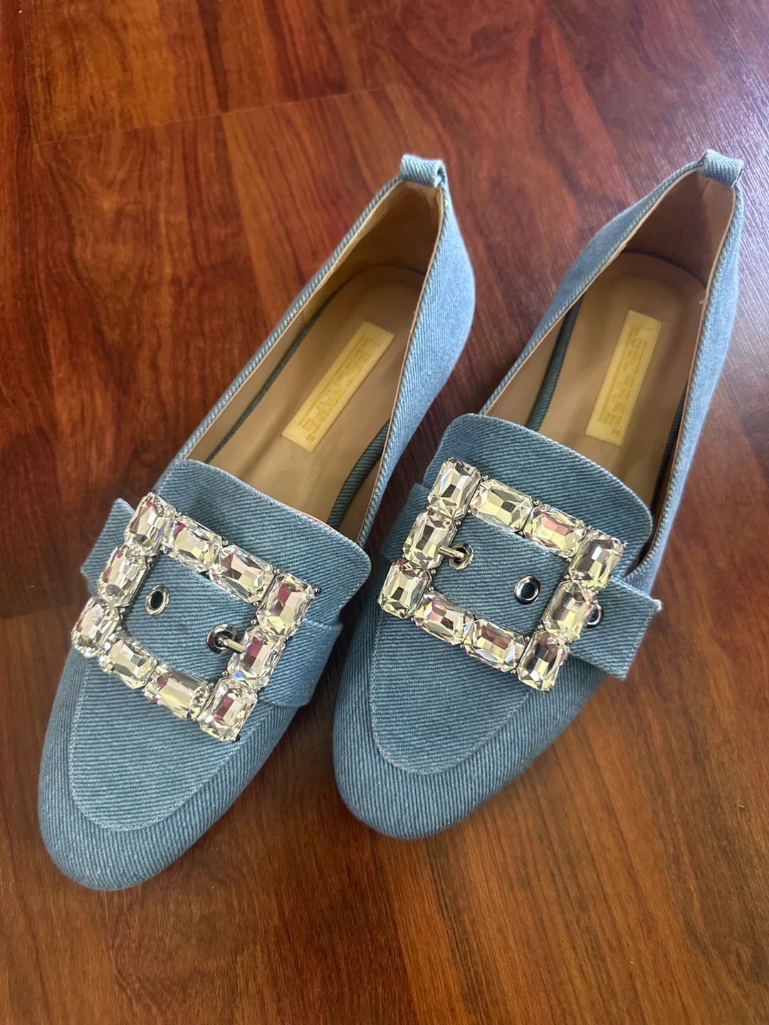 Blue Denim Loafers with Rhinestone Buckle - Size 39