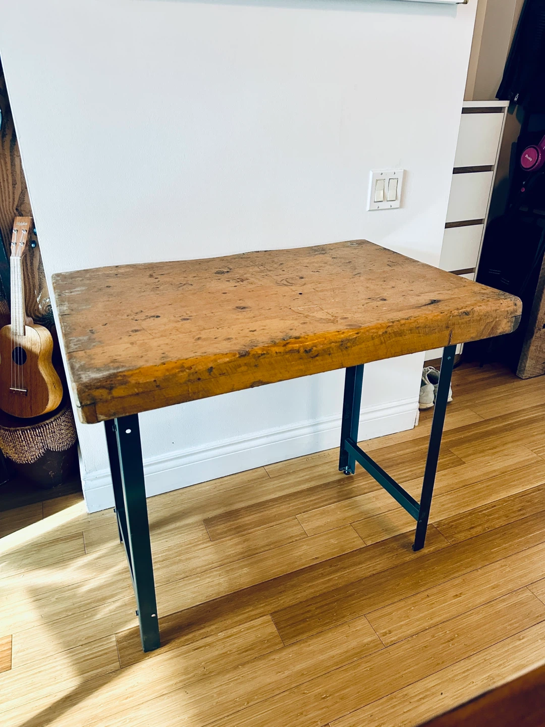 VINTAGE INDUSTRIAL PINE WOOD WORK TABLE / OFFICE DESK STEEL LEGS - photo 4