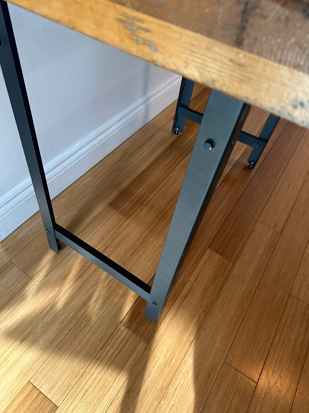 VINTAGE INDUSTRIAL PINE WOOD WORK TABLE / OFFICE DESK STEEL LEGS - photo 5