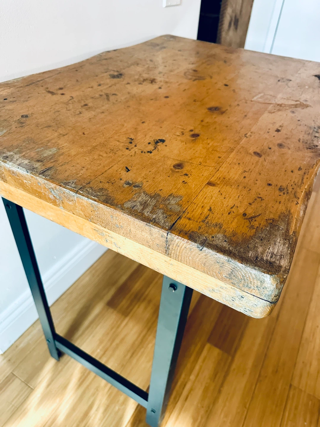VINTAGE INDUSTRIAL PINE WOOD WORK TABLE / OFFICE DESK STEEL LEGS - photo 3