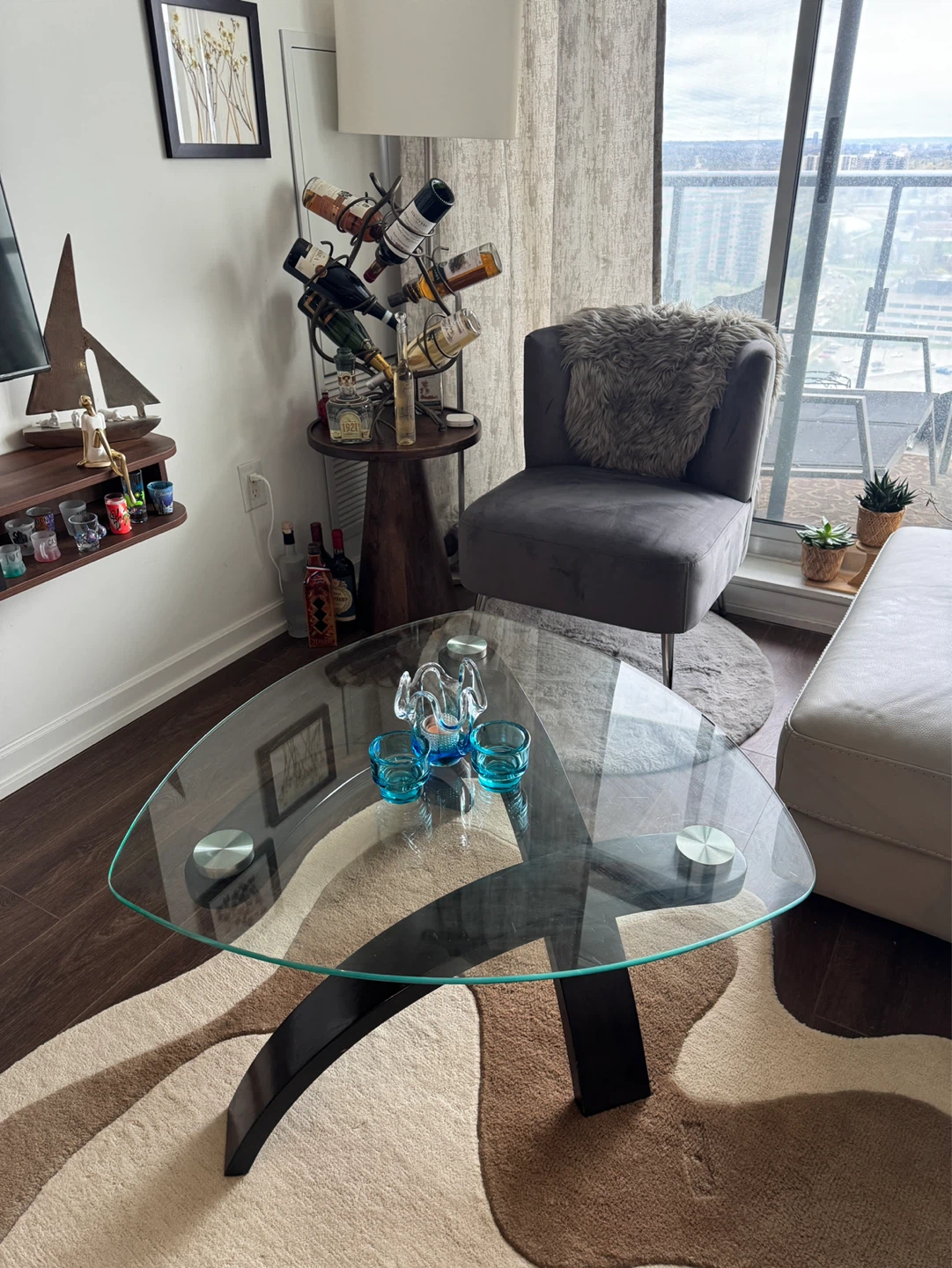 Modern Glass Top Coffee Table with Dark Wood Base
