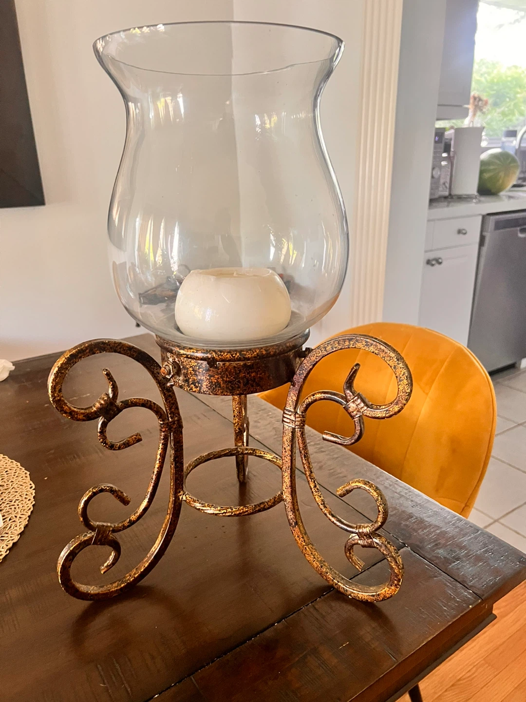 Glass Hurricane Candle Holder with Ornate Metal Base