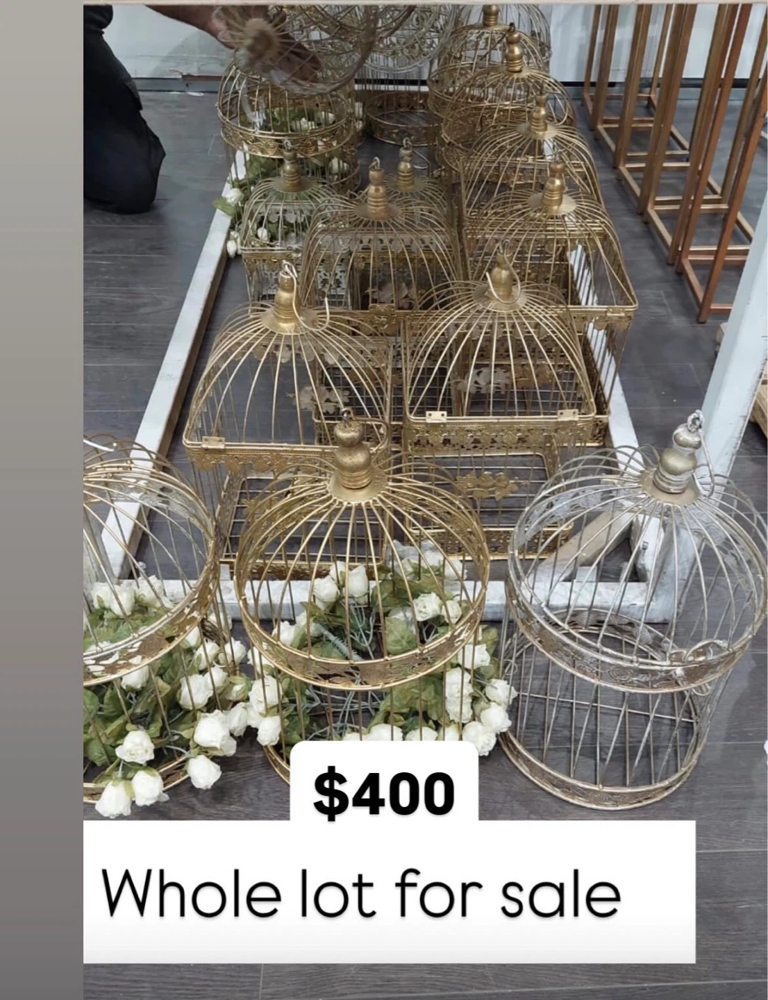 Gold Decorative Bird Cages with White Roses - Lot of 10