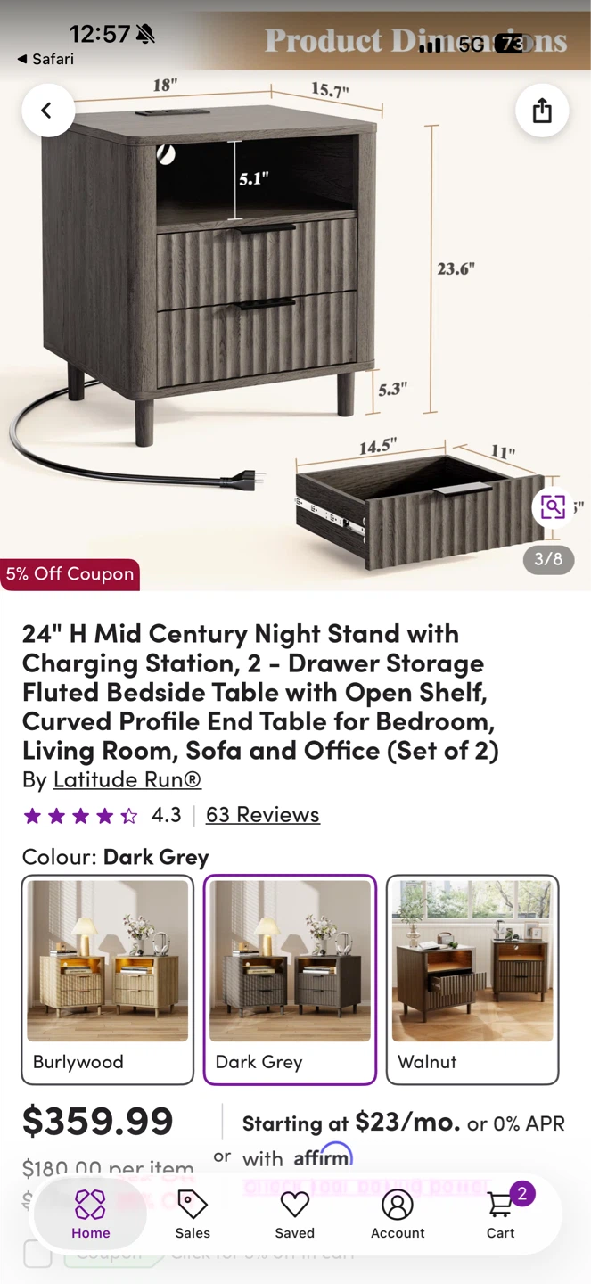 Latitude Run 24" H Mid Century Night Stand - Dark Grey