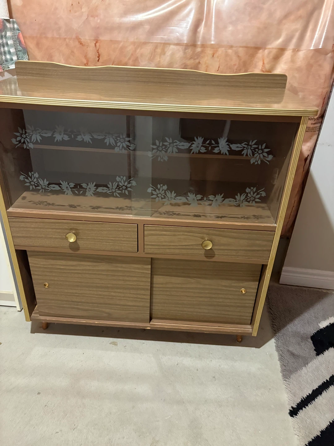 Vintage Wood Cabinet with Sliding Doors and Glass Display