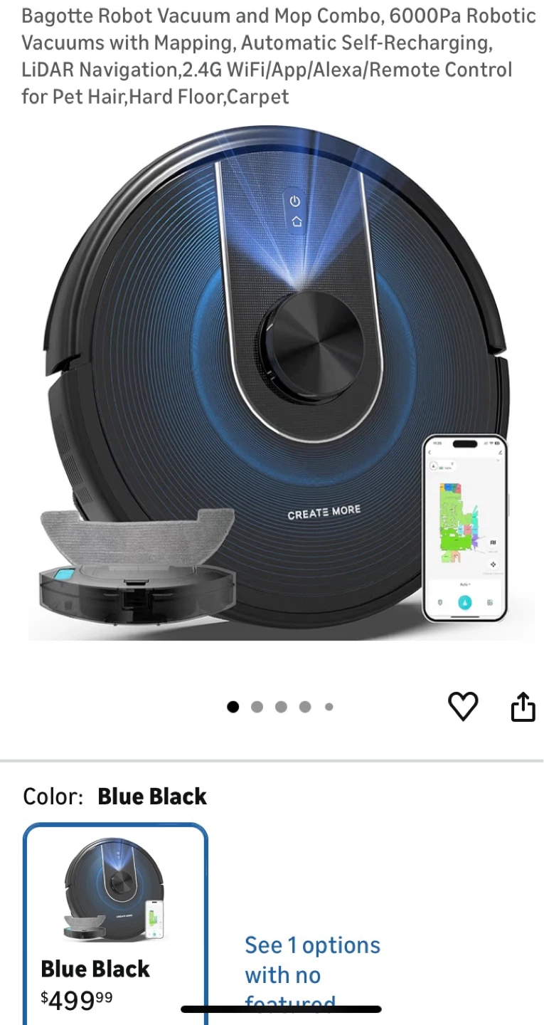 Bagotte Robot Vacuum and Mop Combo - Blue Black