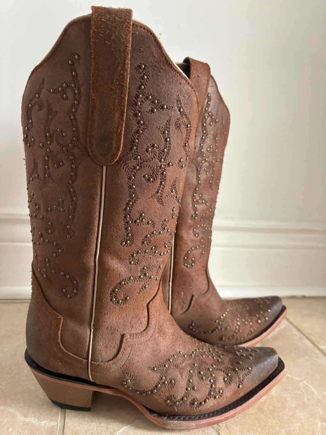 Brown Suede Studded Cowboy Boots