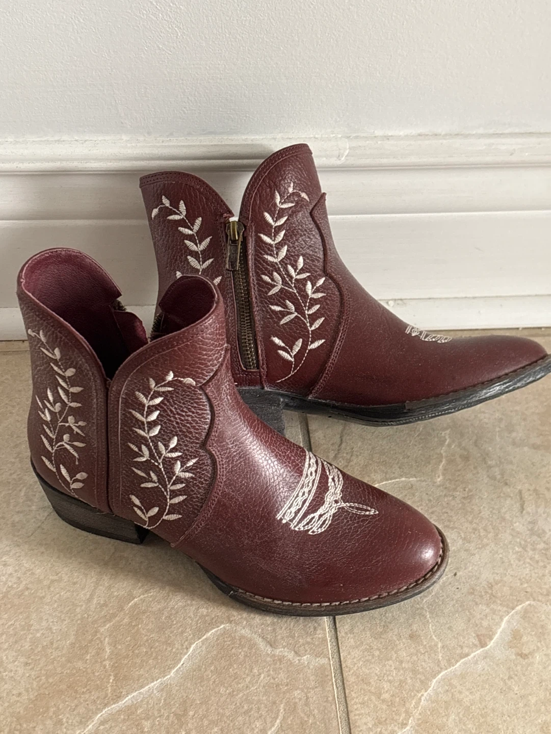 Maroon Embroidered Ankle Boots