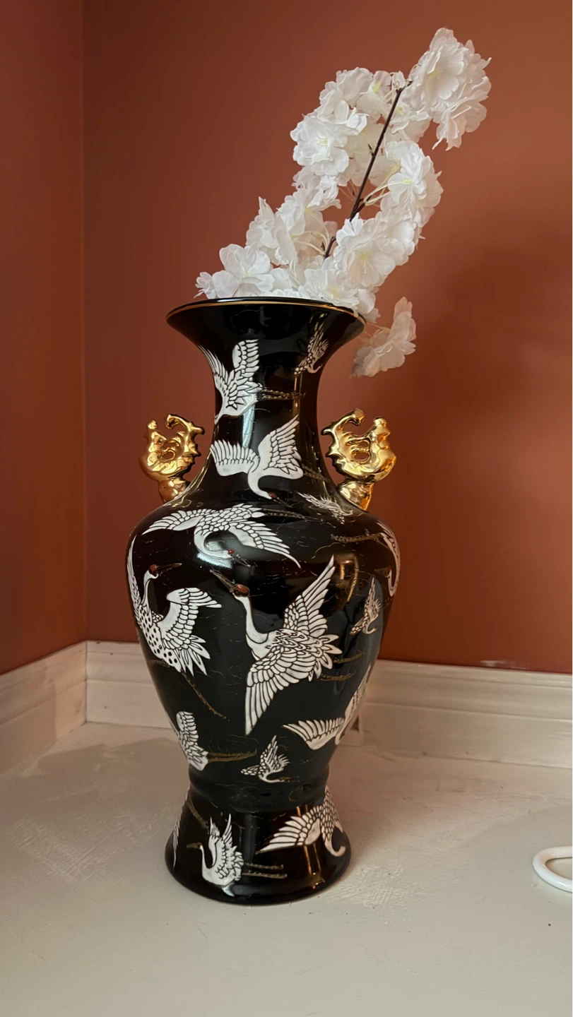 Black Crane Vase with Gold Handles