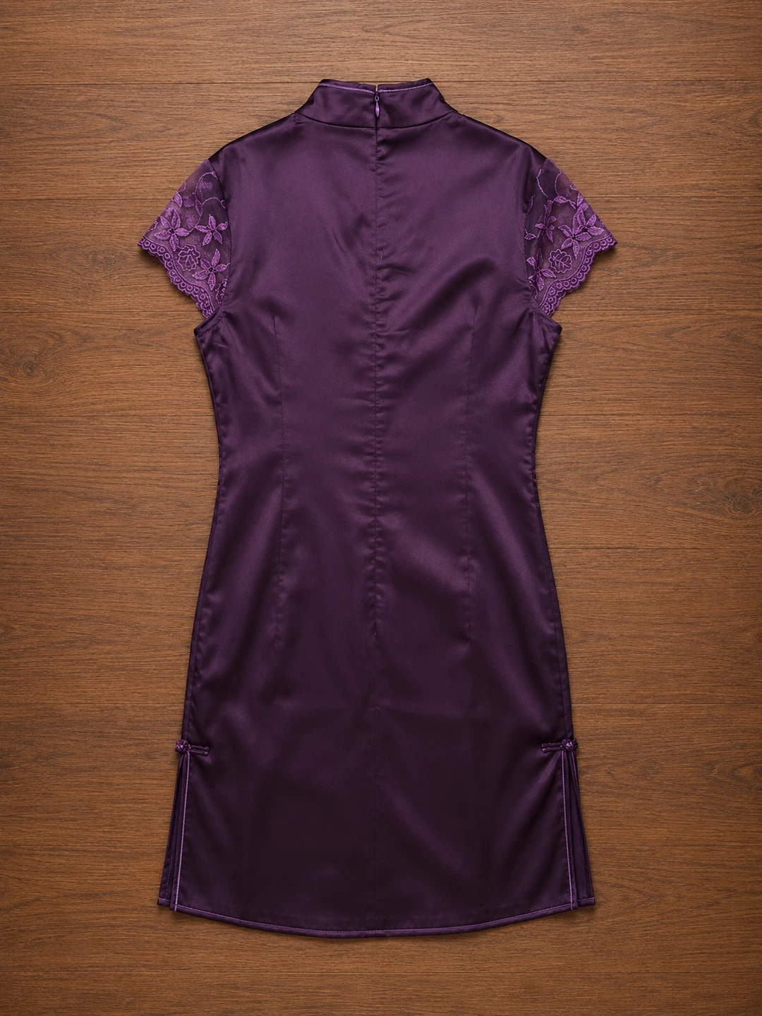 Purple Satin Cheongsam Dress with Floral Embroidery - photo 2