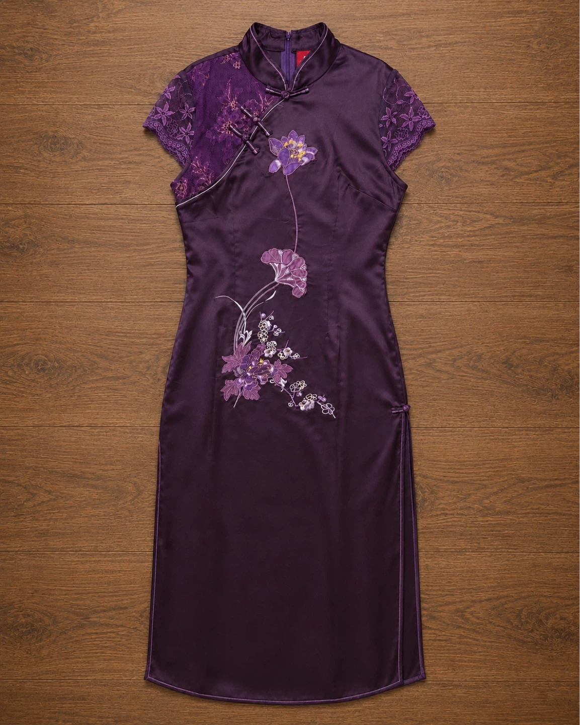 Purple Satin Cheongsam Dress with Floral Embroidery