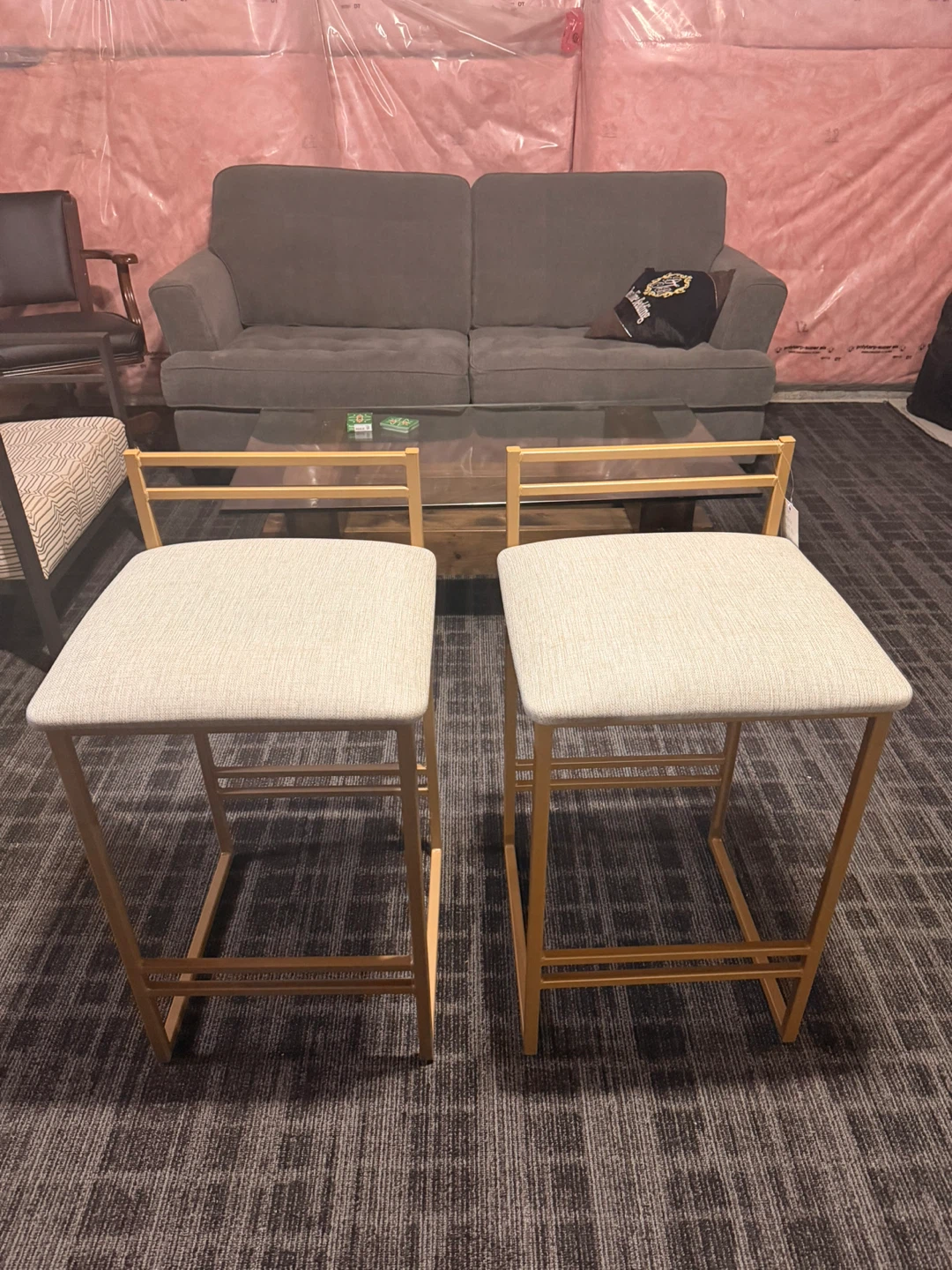 Set of 2 Light Beige Bar Stools with Gold Metal Frame - photo 2