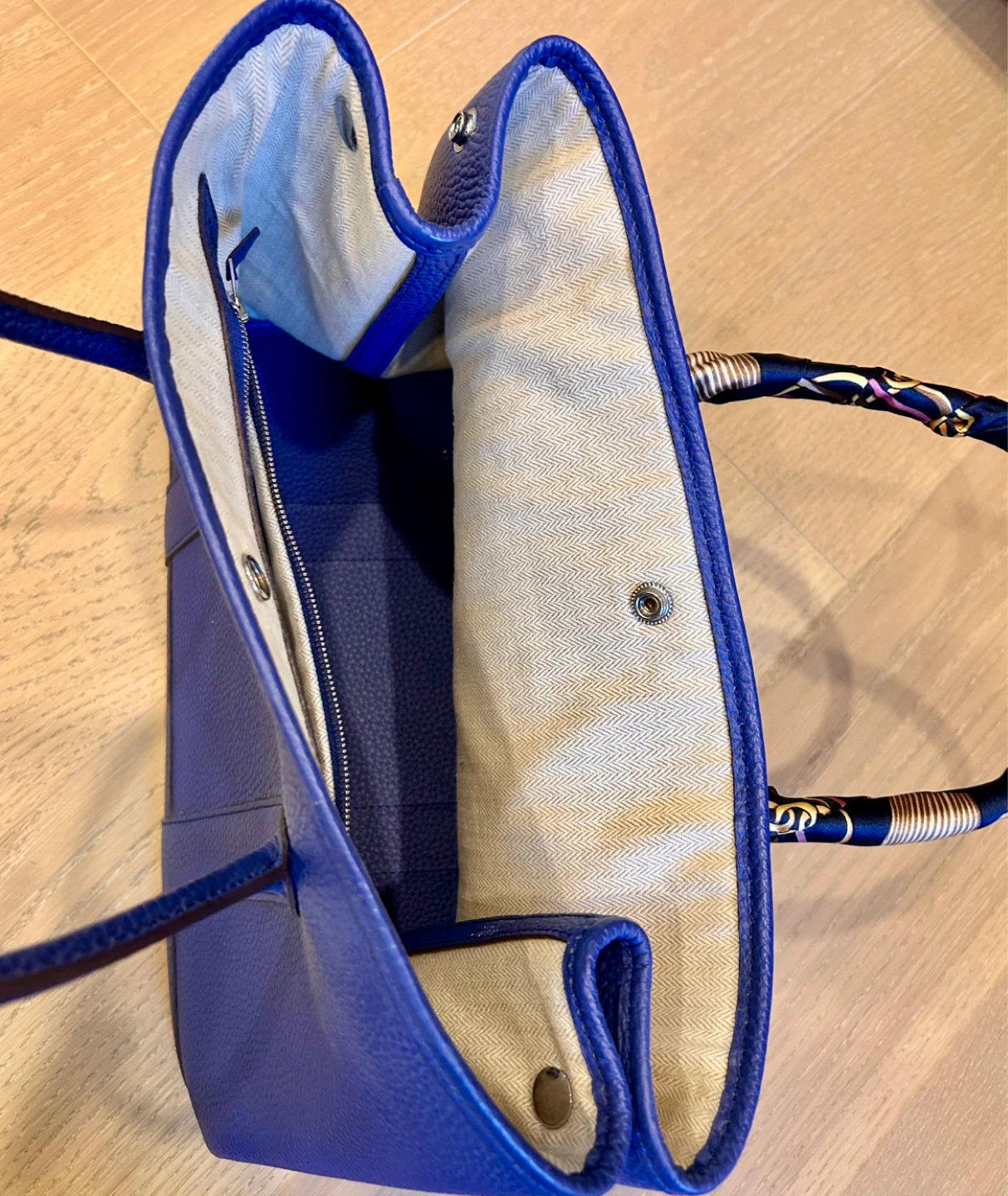 Blue Leather Tote Bag with Silk Scarf Handles - photo 3