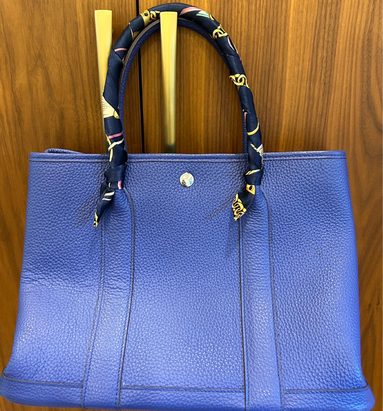 Blue Leather Tote Bag with Silk Scarf Handles