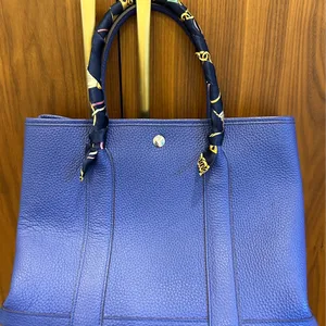 Blue Leather Tote Bag with Silk Scarf Handles