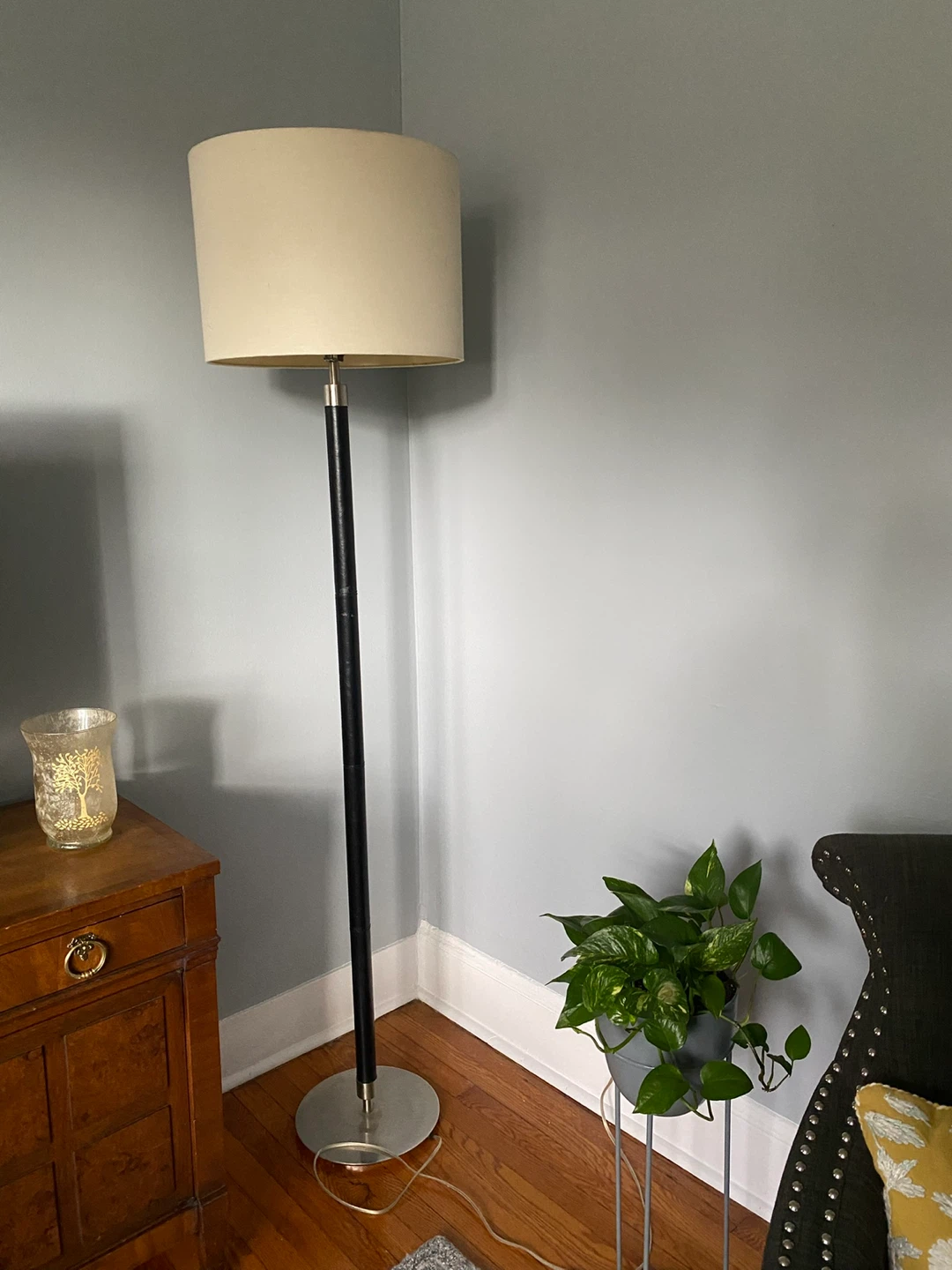 Brown and Chrome Floor Lamp with Cream Shade