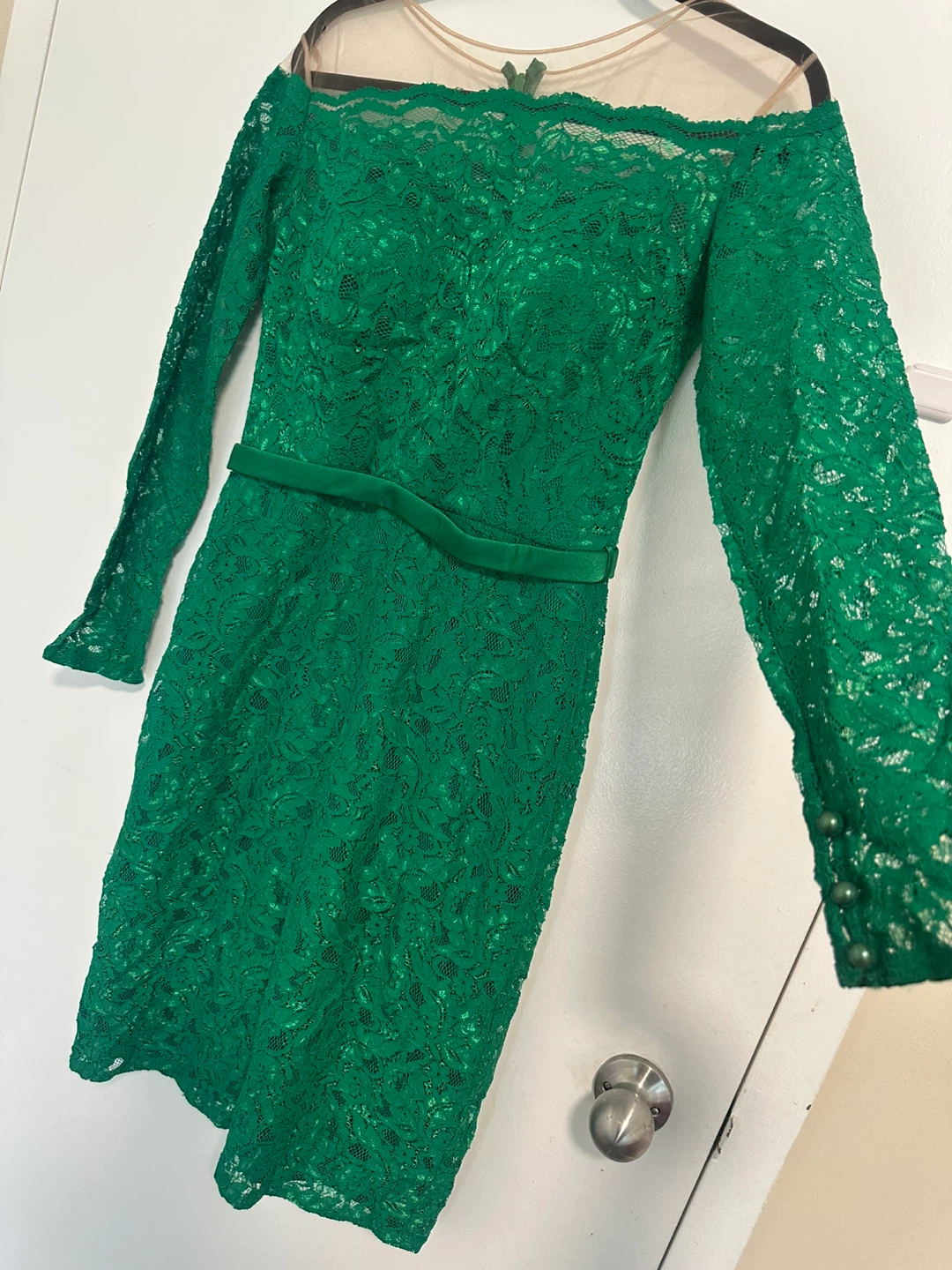 Emerald Green Lace Dress with Pearls