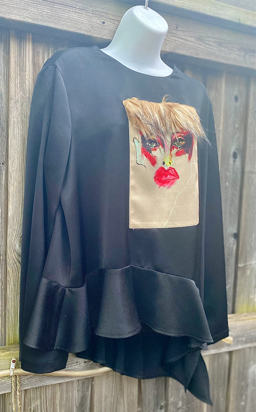 Black Statement Top with Face Graphic and Ruffle Hem - photo 2