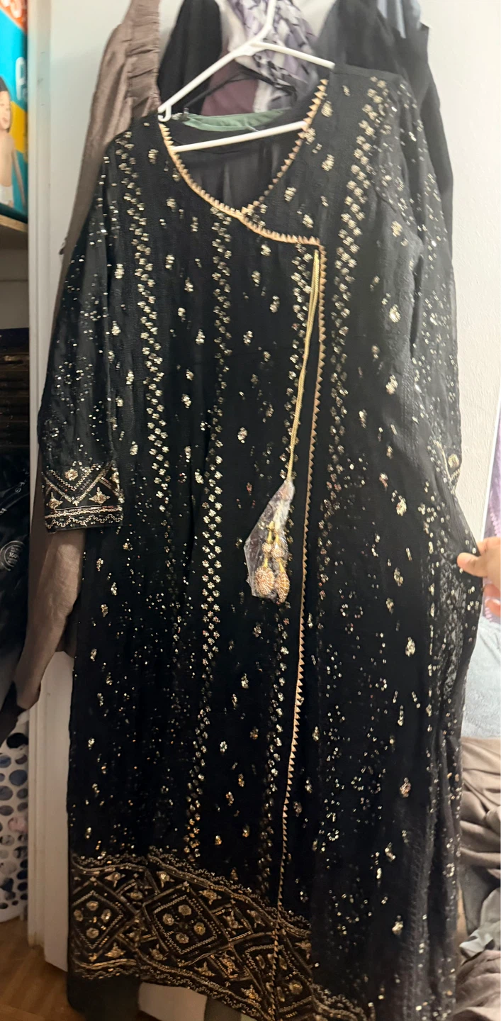 Black Sequined Long Kameez - Size L