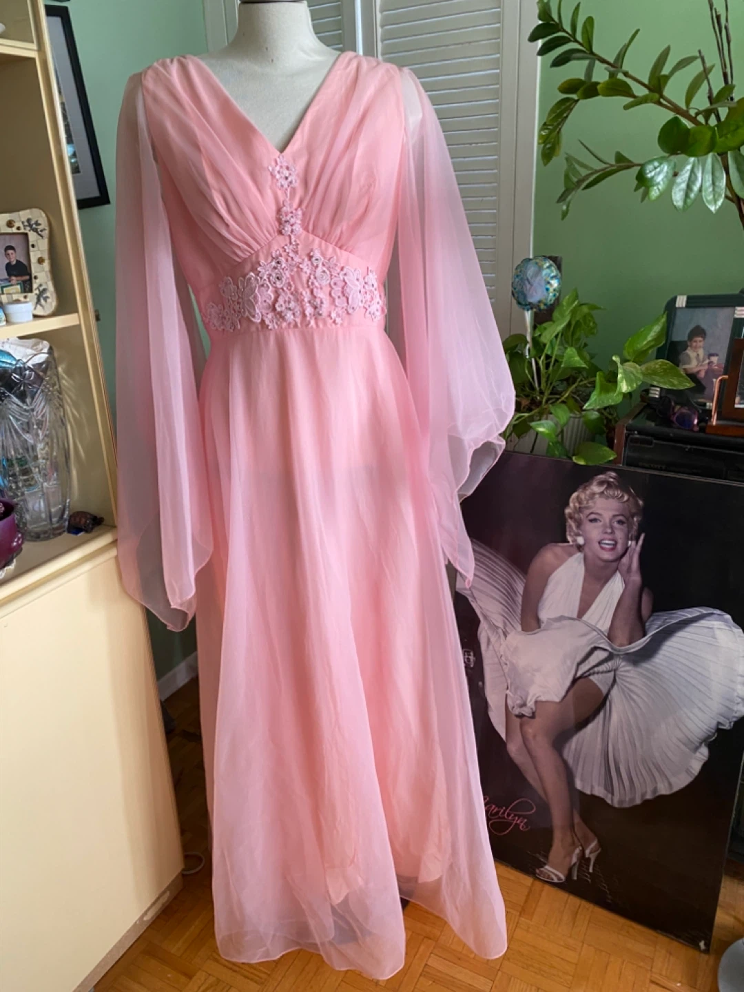 Vintage 70’s Pink Chiffon Gown with Bell Sleeves - photo 2