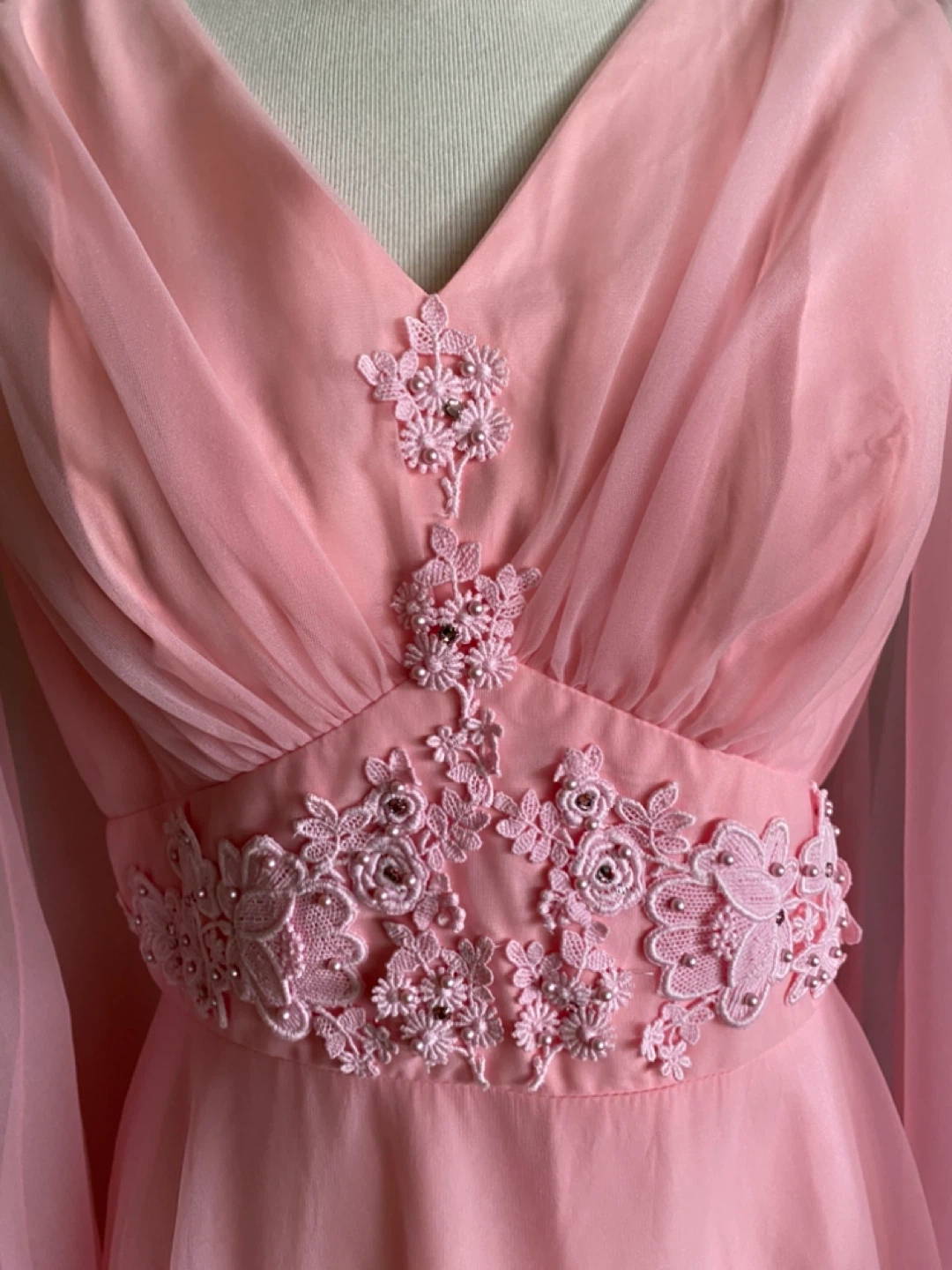 Vintage 70’s Pink Chiffon Gown with Bell Sleeves - photo 3