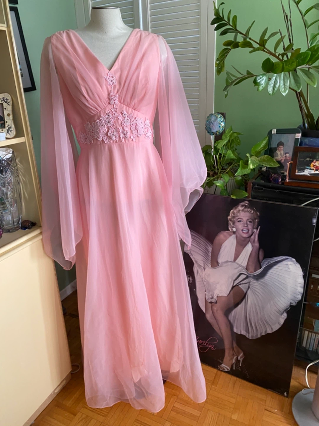 Vintage 70’s Pink Chiffon Gown with Bell Sleeves