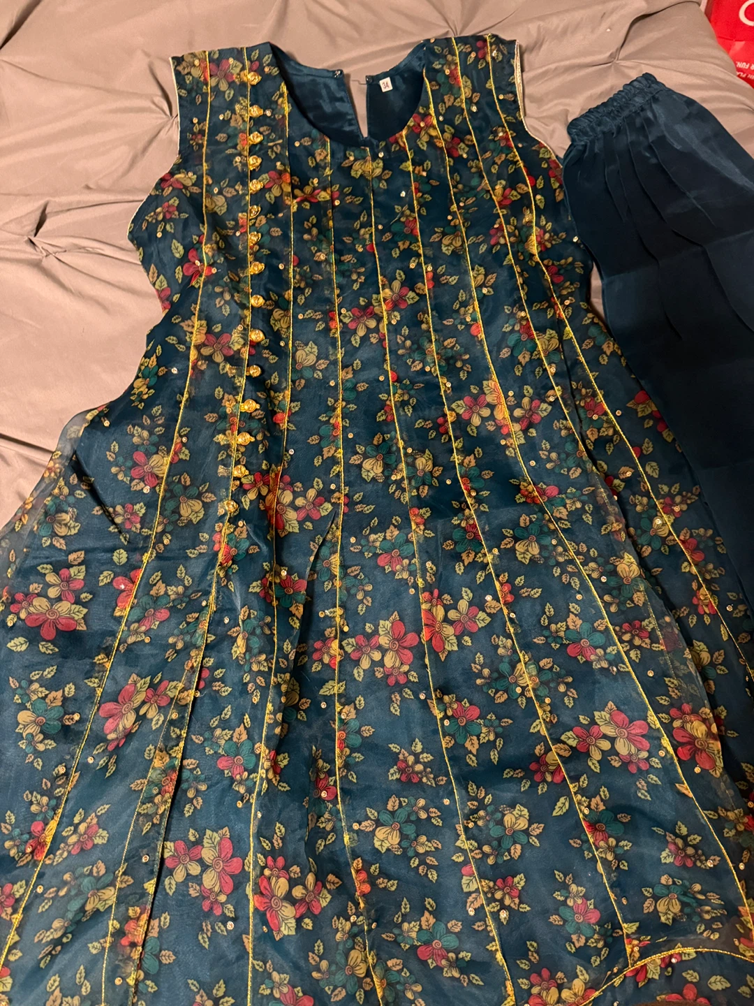 Teal Floral Print Anarkali Suit Set Size 34