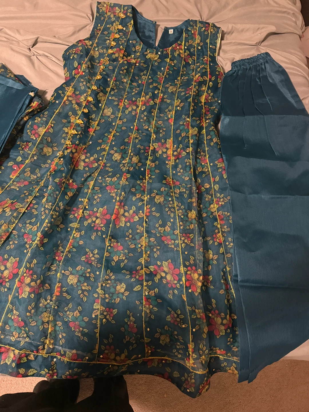 Teal Floral Print Anarkali Suit Set Size 34 - photo 2